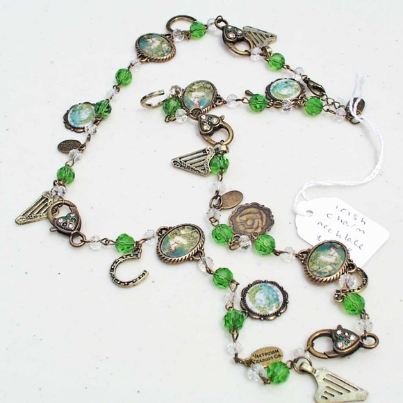 IRISH CHARMS METAL & ACRYLIC NECKLACE WITH PICTURE CHARMS, 30 INCHES LONG, GREEN - Picture 2 of 2